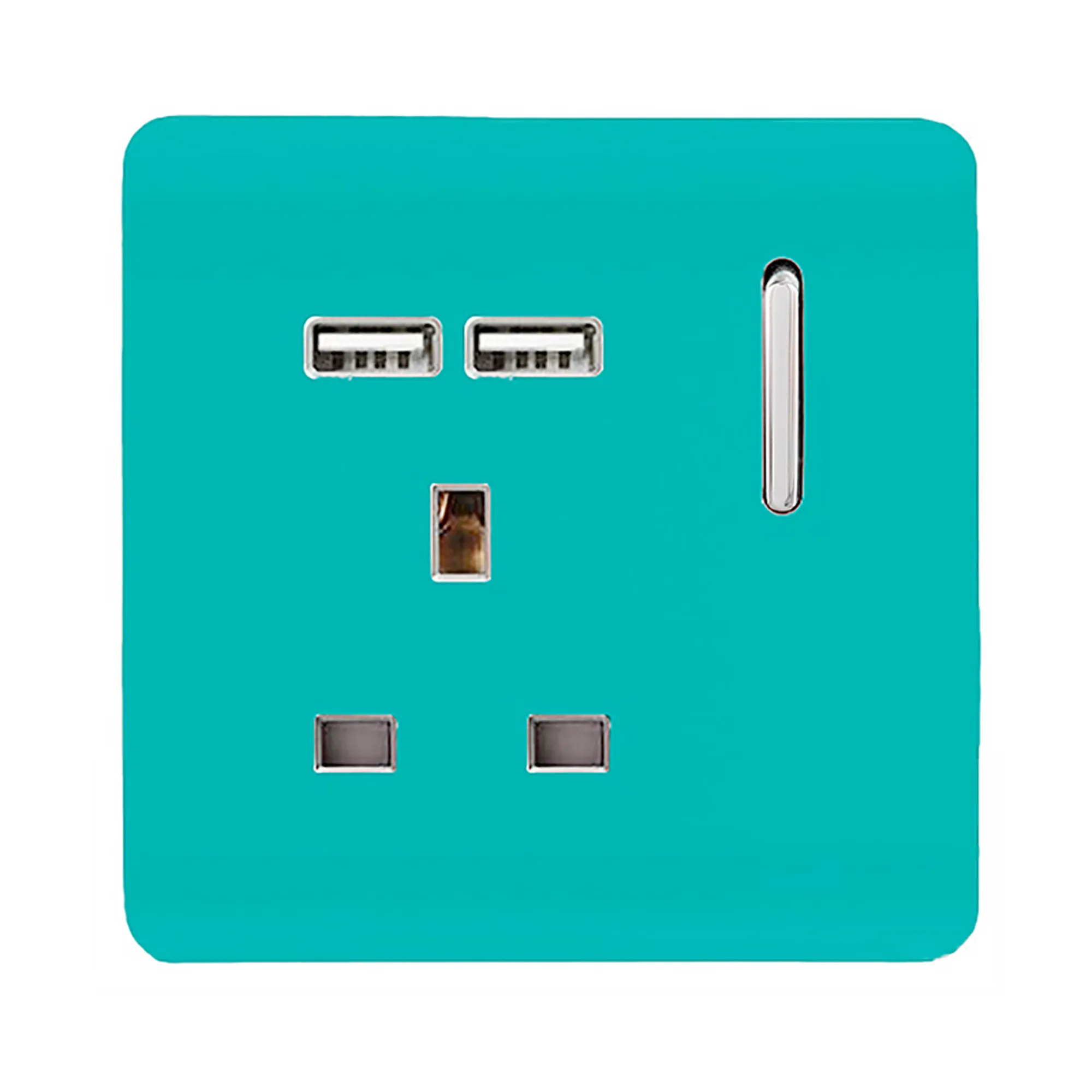 1 Gang 13Amp Switched Single Socket With 2 x USB Bright Teal